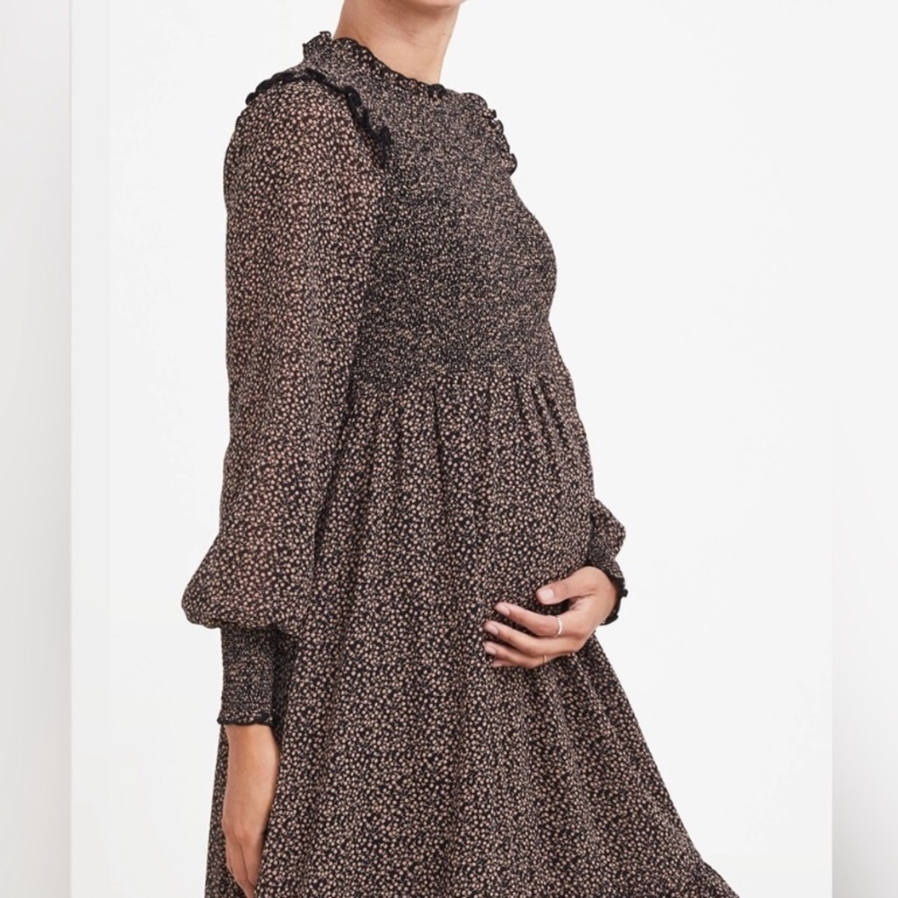 HATCH Maternity Dress 0/ XS Lana Midi Black Brown Ditsy Floral Smock Cottagecore